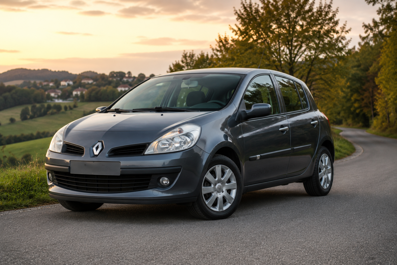 Renault Clio 1.5 dCi parkiran na seoskom putu – ekonomičan gradski automobil poznat po maloj potrošnji i pouzdanom dizel motoru