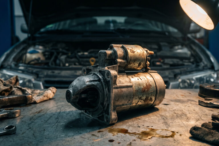 Anlaser automobila izvađen iz motora na radnom stolu u garaži