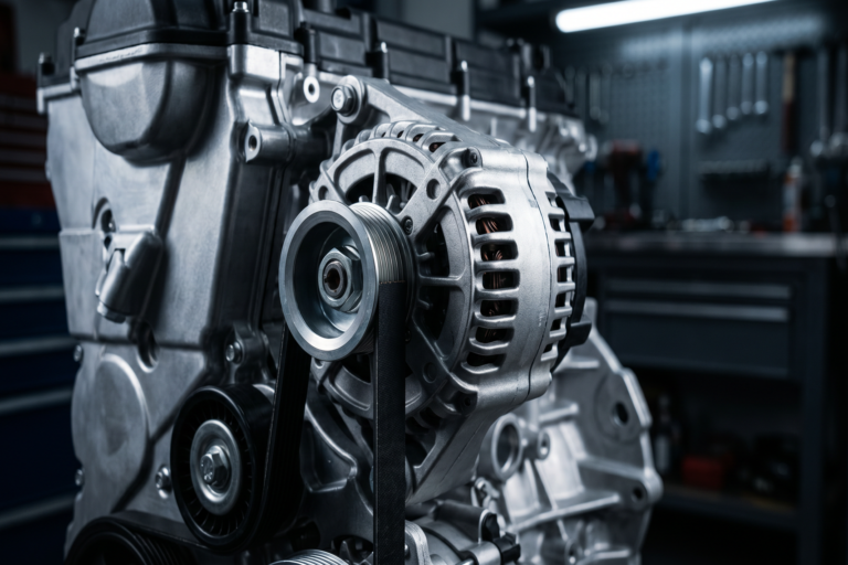 Alternator na motoru automobila sa remenicom i pogonskim kaišem