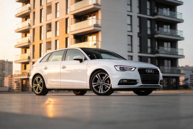 Beli Audi A3 hatchback parkiran ispred moderne zgrade u Beogradu