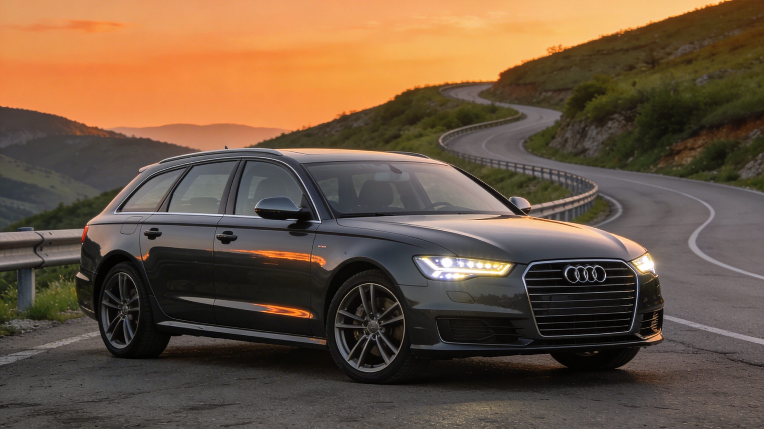 Audi A6 karavan na planinskom putu u Srbiji pri zalasku sunca