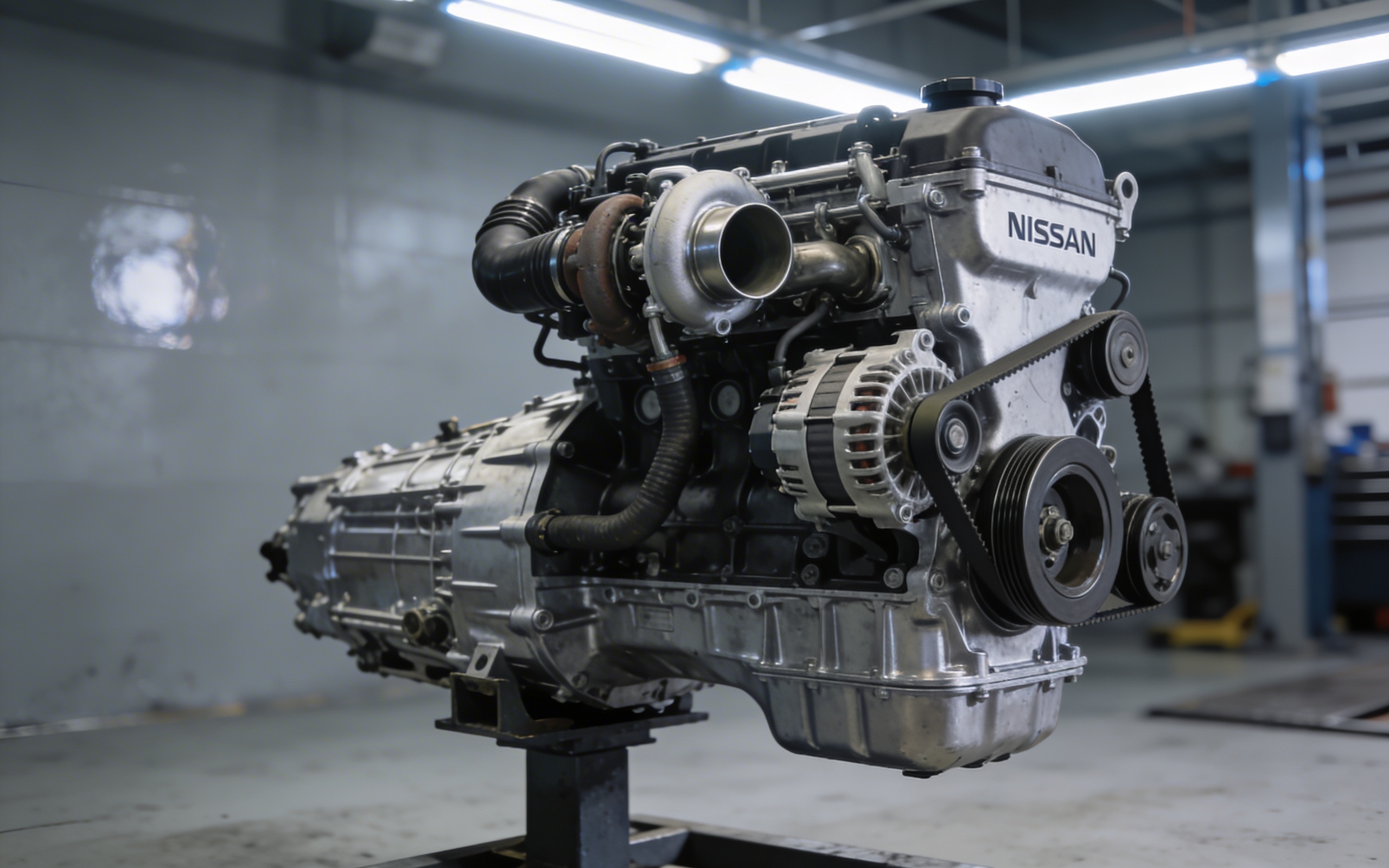 Nissan 1.5 dCi dizel motor na stalku u auto radionici, detaljan prikaz turbine, creva i remenja