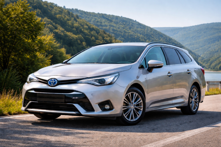 Toyota Avensis sivi sedan parkiran na putu, bočni profil automobila, ilustruje vodič Toyota Avensis iskustva