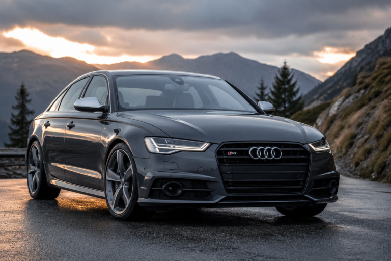 Audi S6 parkiran na planinskom putu tokom zalaska sunca