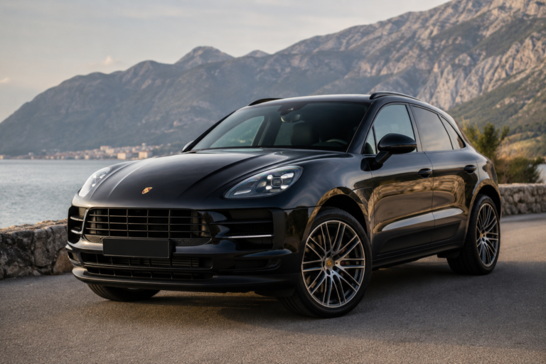 Crni Porsche Macan parkiran pored obale, ilustracija za članak o iskustvima, kvarovima, potrošnji i održavanju modela Porsche Macan.