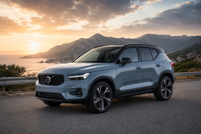 Volvo XC40 parkiran pored obalskog puta sa pogledom na more i planine u pozadini