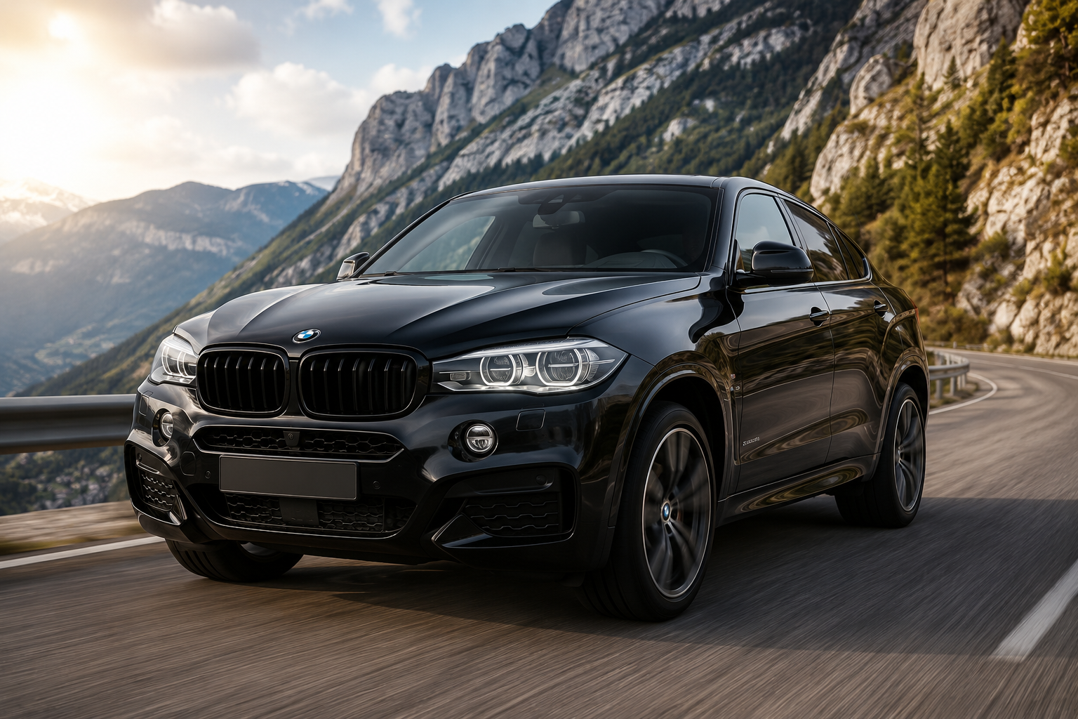 Crni BMW X6 na planinskom putu – luksuzni SUV poznat po snažnim motorima, sportskim performansama i premium opremi.