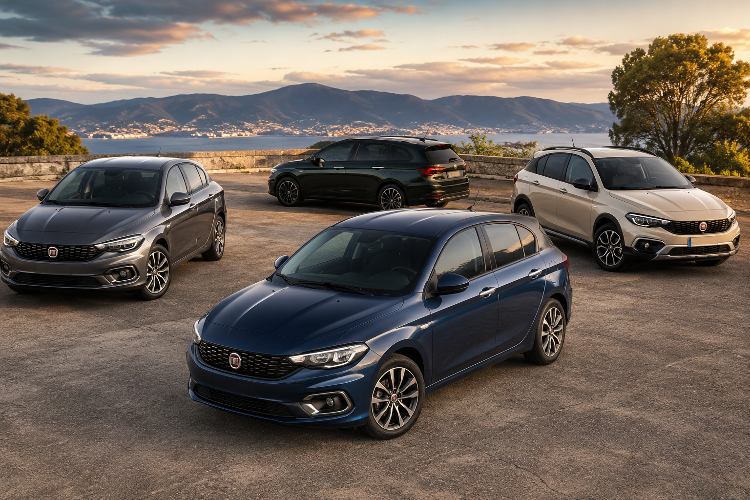 Fiat Tipo hatchback, limuzina, karavan i Cross modeli parkirani na vidikovcu – ilustracija za iskustva, prednosti i mane