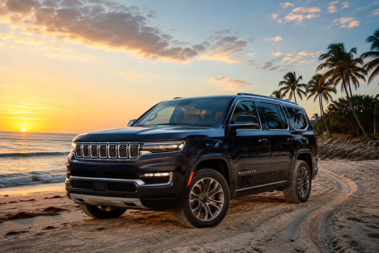 Jeep Wagoneer parkiran na peščanoj plaži pored mora tokom zalaska sunca