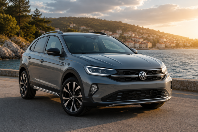 Sivi Volkswagen Taigo parkiran pored obale – moderan gradski crossover sa TSI motorom i coupe SUV dizajnom.