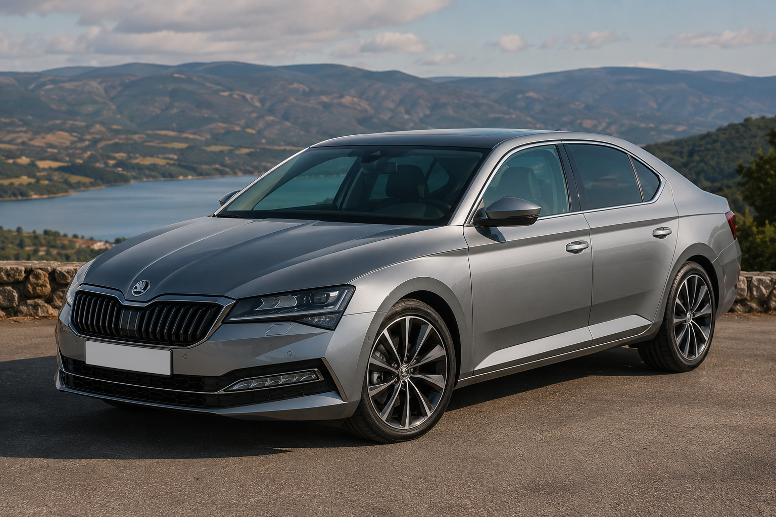 Škoda Superb treće generacije parkirana pored jezera – prikaz automobila za članak o iskustvima, prednostima, manama, kvarovima i kupovini polovnjaka.